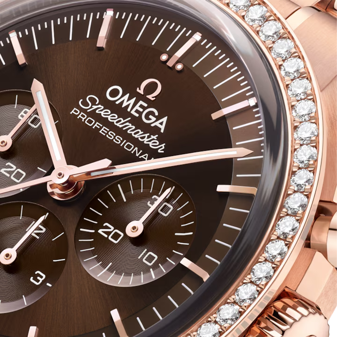 Omega Speedmaster Moonwatch Professional Chronograph Co-Axial Master Chronometer Sedna gold Diamonds Bezel 42 mm