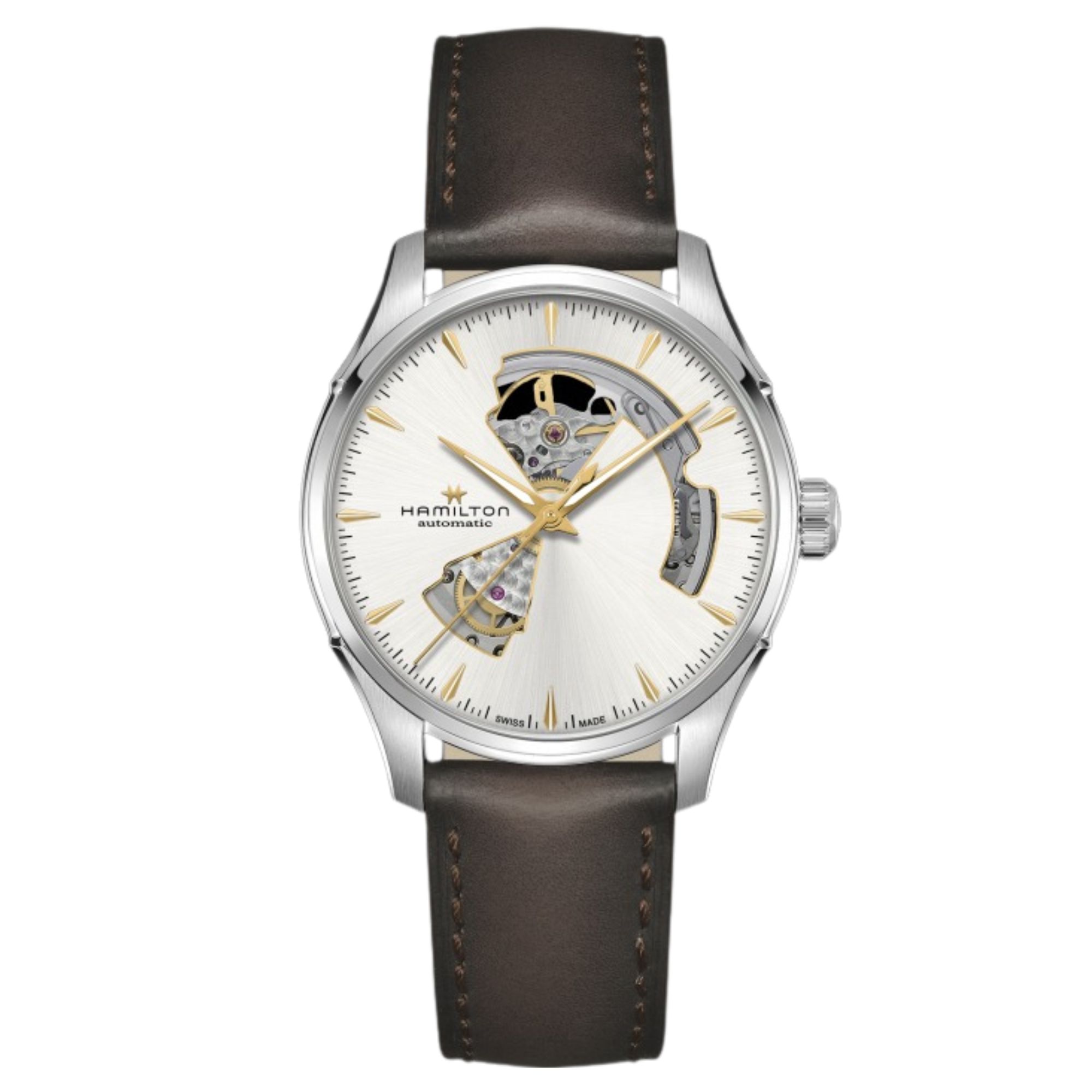 Montre Hamilton Jazzmaster Open Heart Auto cadran blanc bracelet cuir marron 40 mm