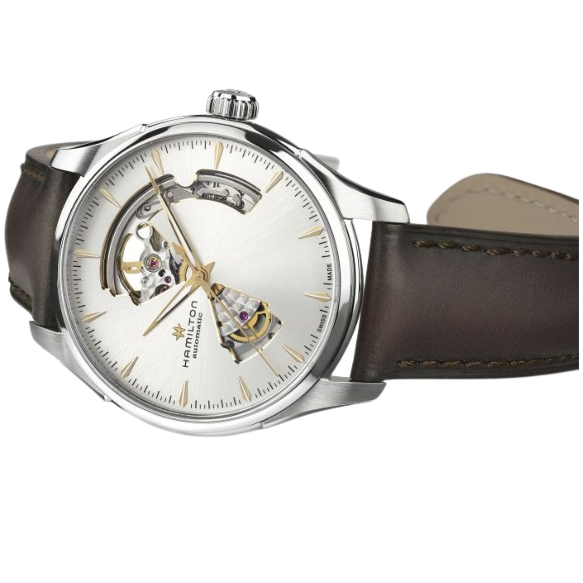 Montre Hamilton Jazzmaster Open Heart Auto cadran blanc bracelet cuir marron 40 mm