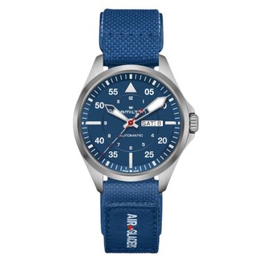 Montre Hamilton Khaki Aviation Pilot Day Date Edition Air Glacier automatique cadran bleu bracelets cuir et velcro 42 mm