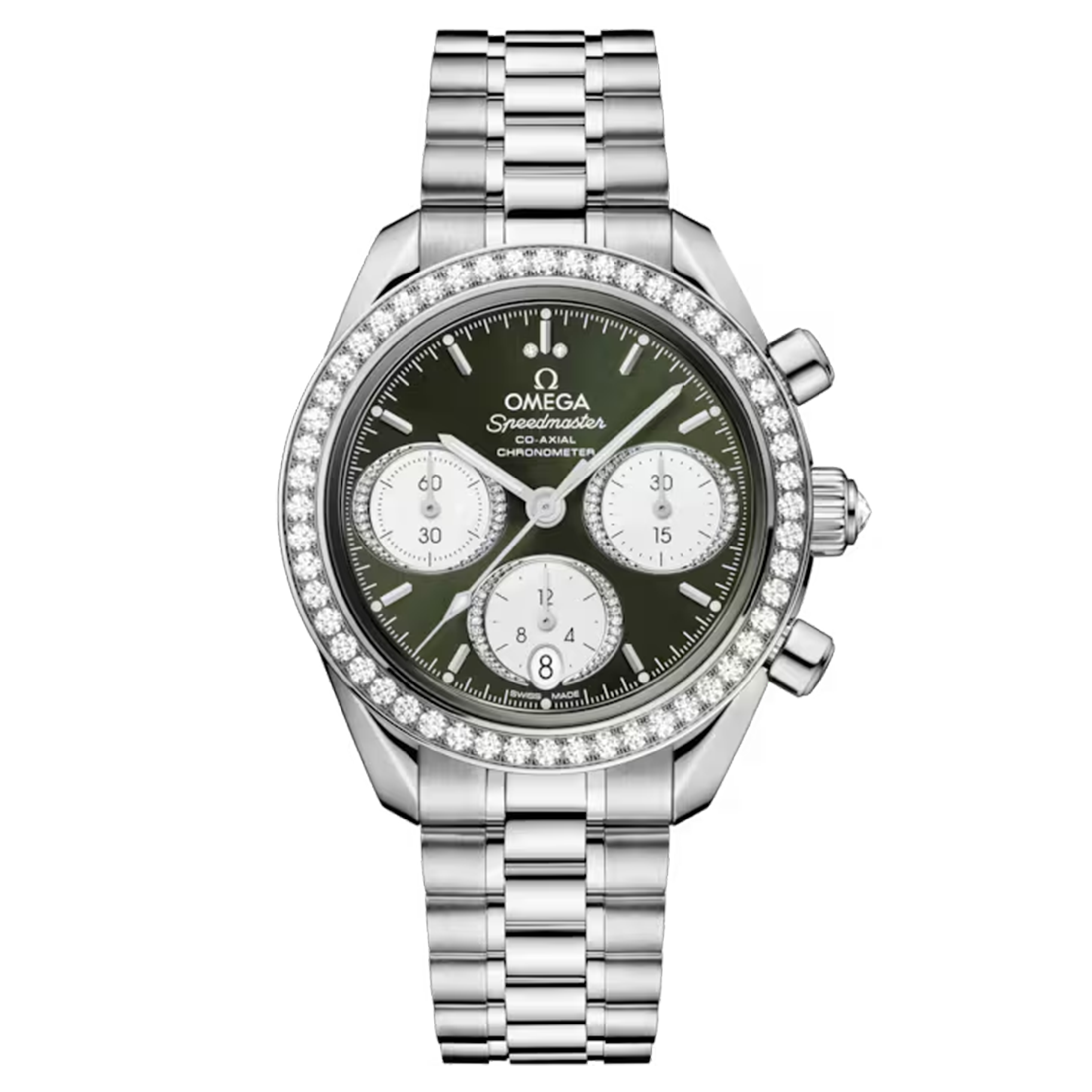Omega Speedmaster 38 Diamonds Chronograph Co-Axial Chronometer automatic green dial steel bracelet 38 mm