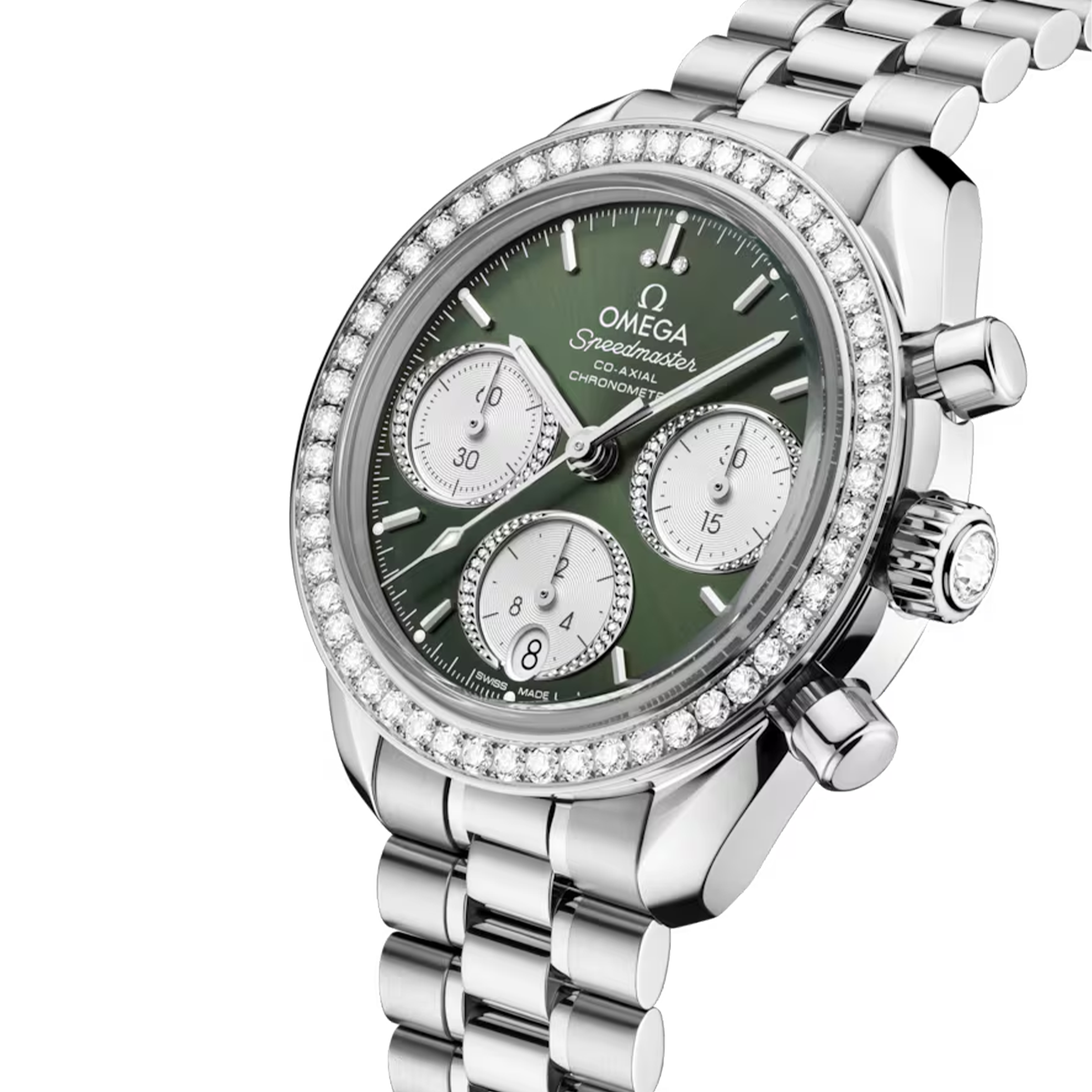 Omega Speedmaster 38 Diamonds Chronograph Co-Axial Chronometer automatic green dial steel bracelet 38 mm