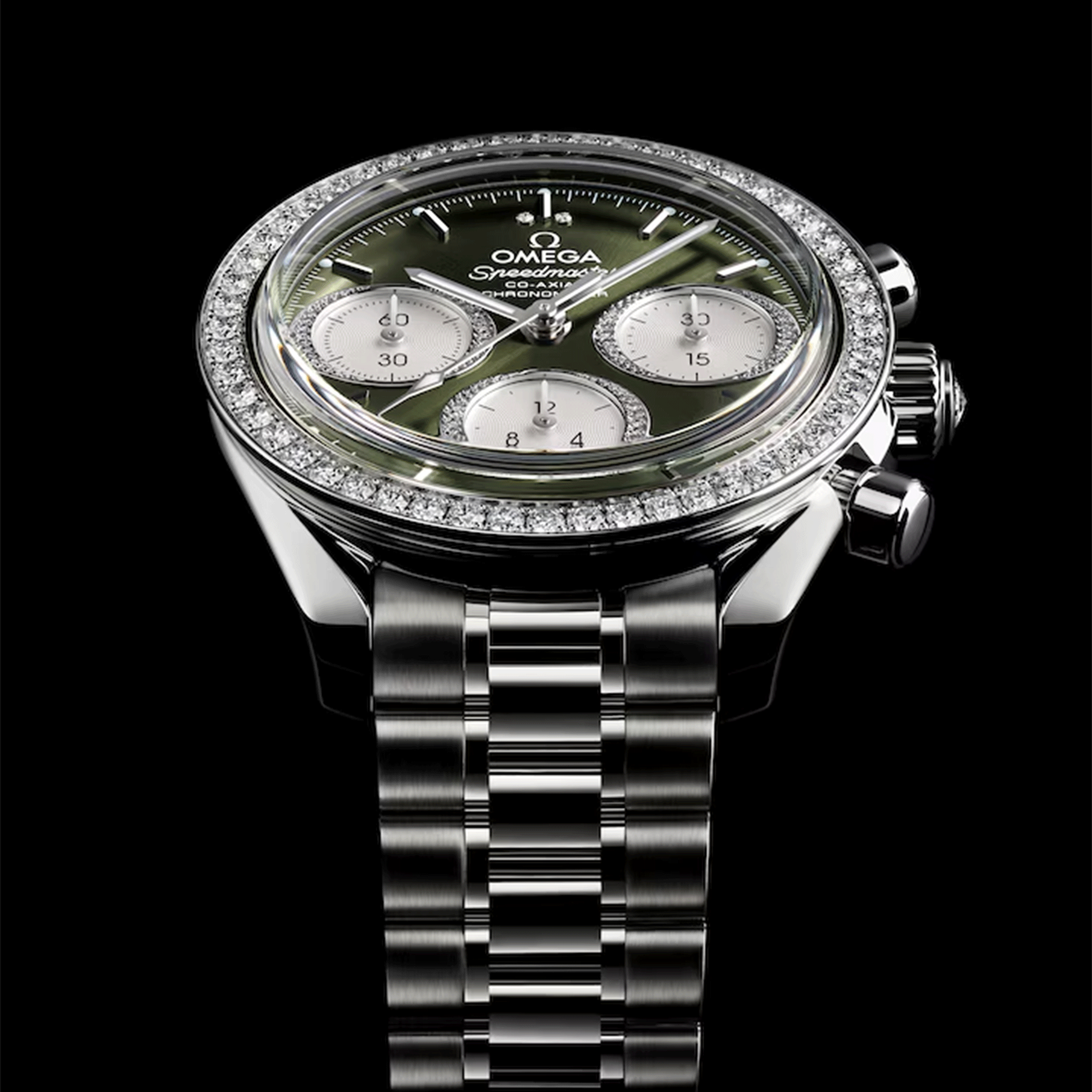 Omega Speedmaster 38 Diamonds Chronograph Co-Axial Chronometer automatic green dial steel bracelet 38 mm