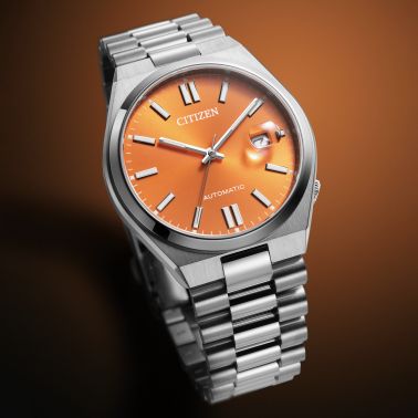 Montre Citizen Tsuyosa Magu automatique cadran orange bracelet acier 40 mm