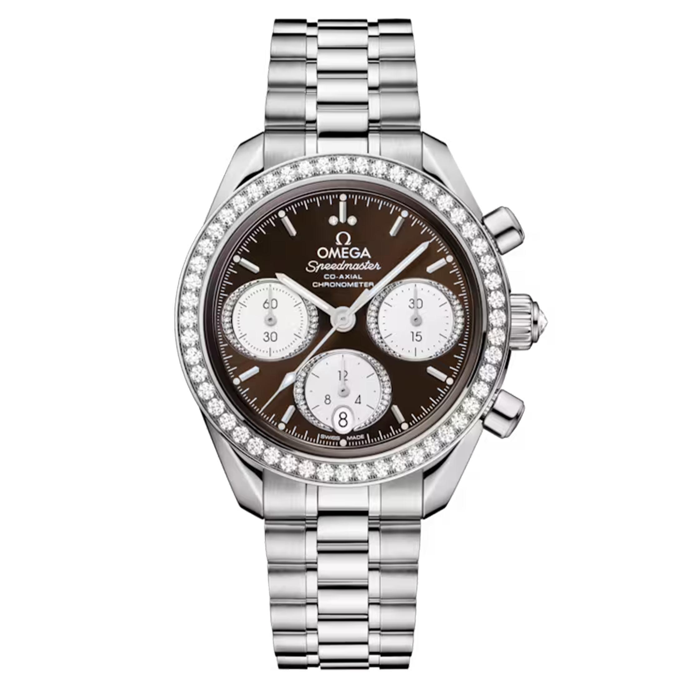 Omega Speedmaster 38 Diamonds Chronograph Co-Axial Chronometer automatic brown dial steel bracelet 38 mm