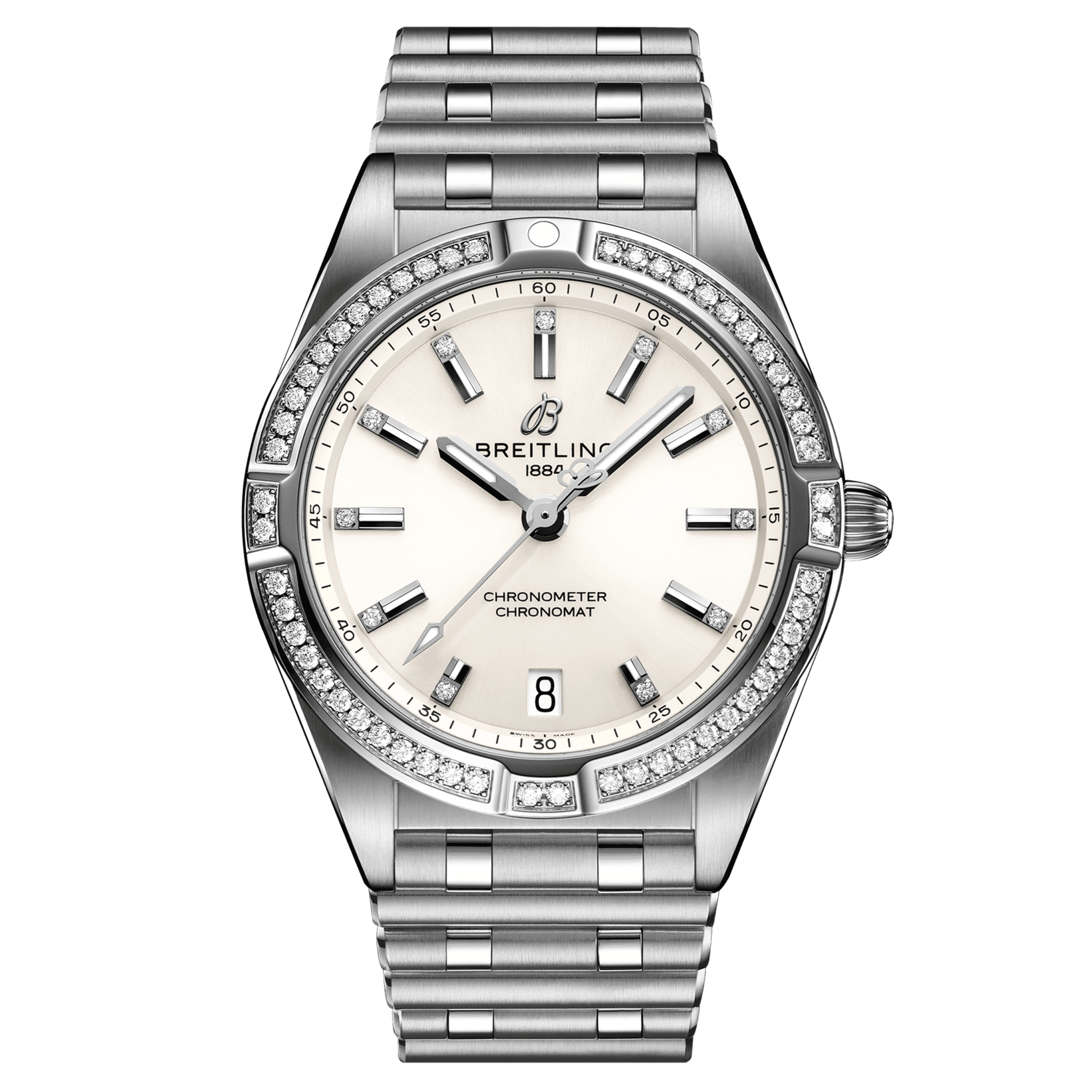 Montre Breitling Chronomat Lady Superquartz cadran blanc lunette et index diamants 32 mm A77310591A1A1