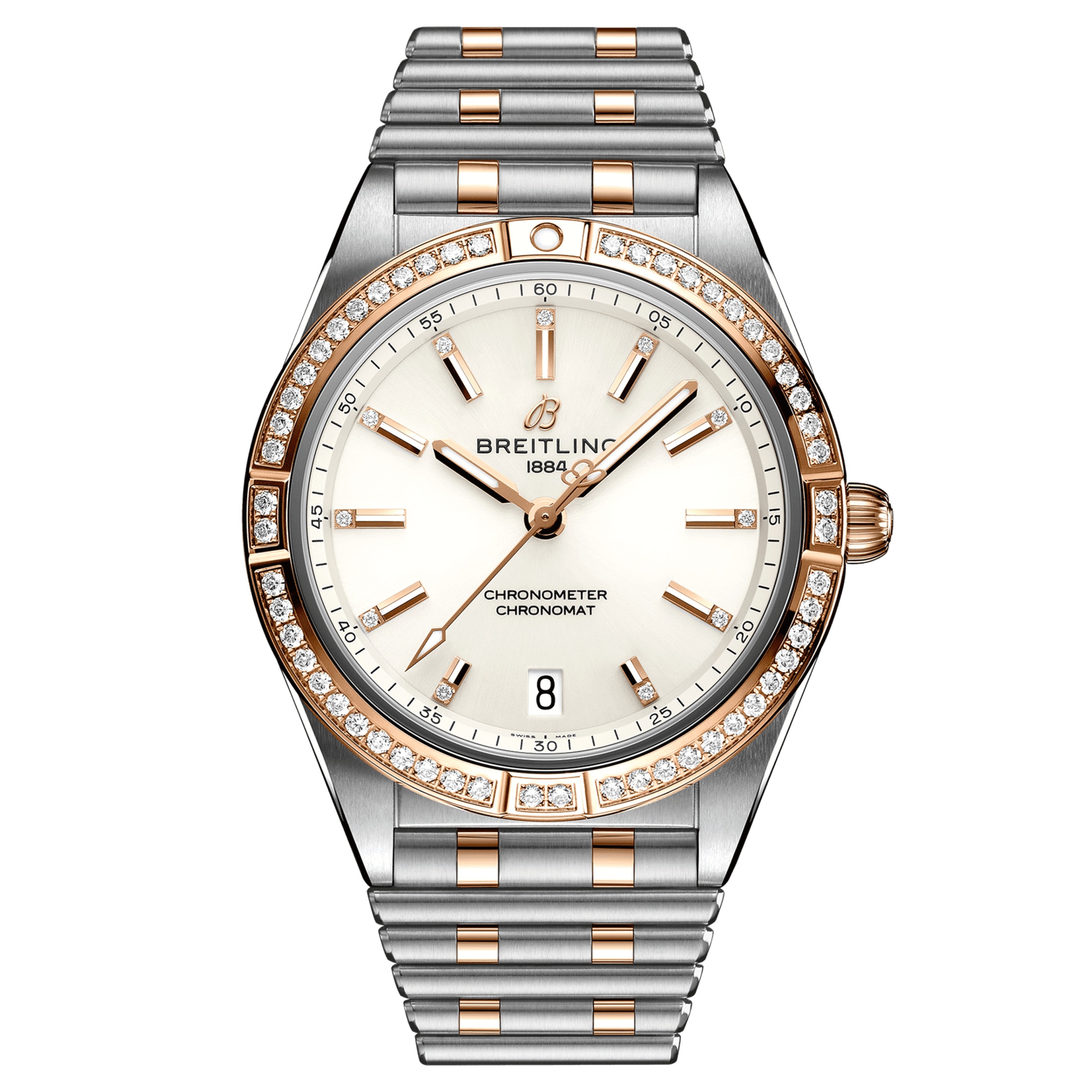 Breitling Chronomat Lady Automatic watch in pink gold and steel white dial diamond bezel and indexes 36 mm