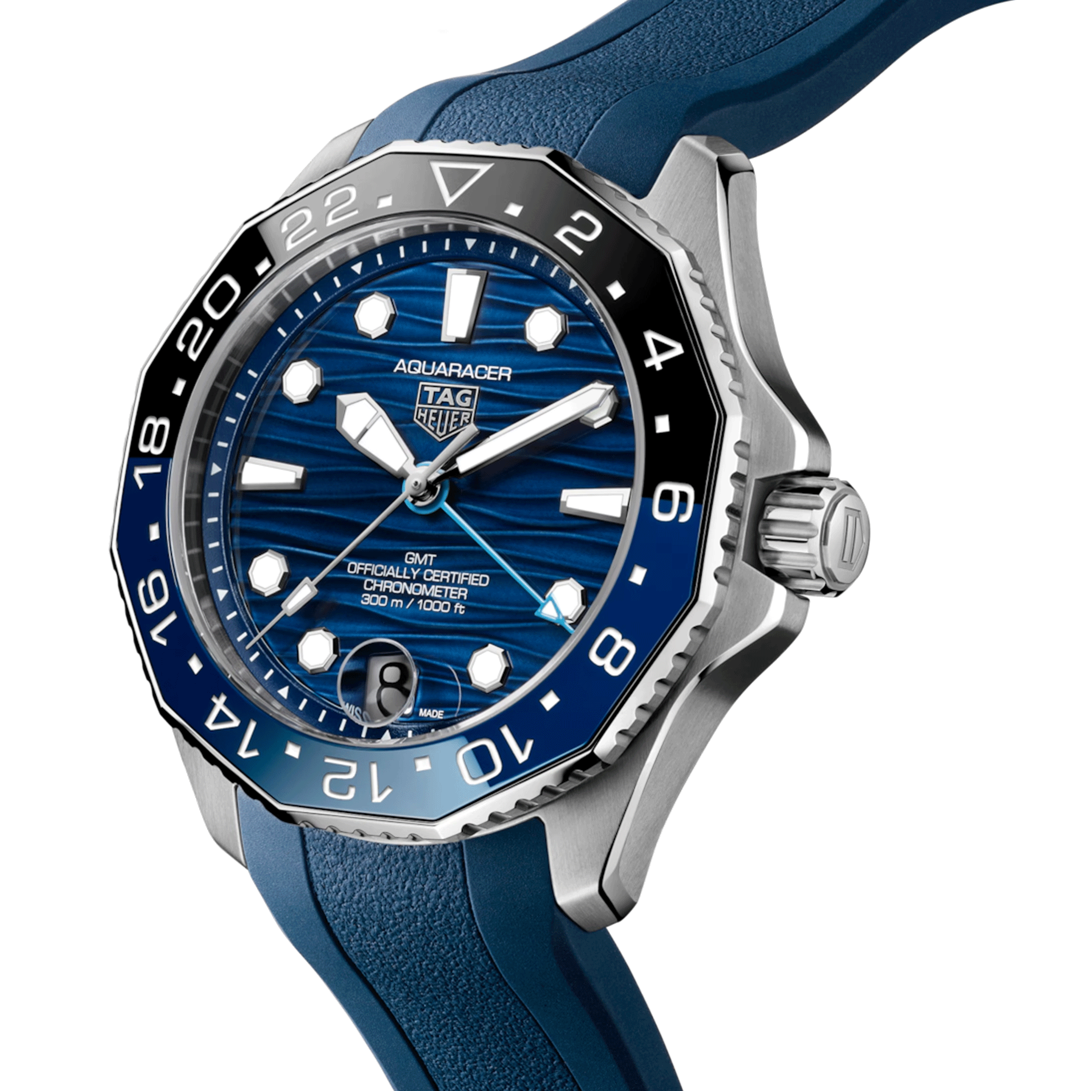 TAG Heuer Aquaracer Professional 300 GMT automatic watch blue dial blue rubber strap 42 mm