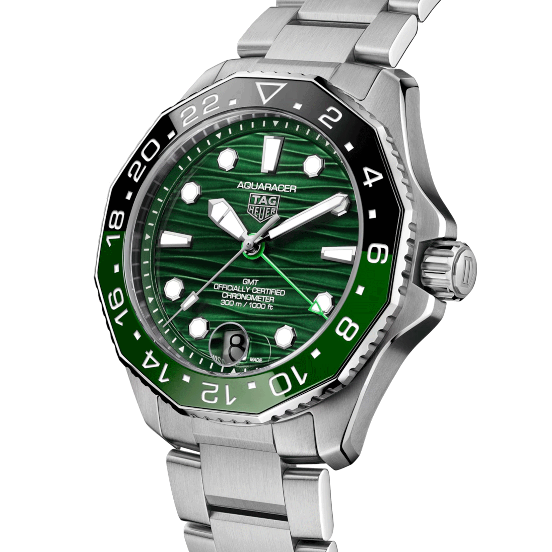 TAG Heuer Aquaracer Professional 300 GMT automatic watch green dial steel bracelet 42 mm WBP5115.BA0013