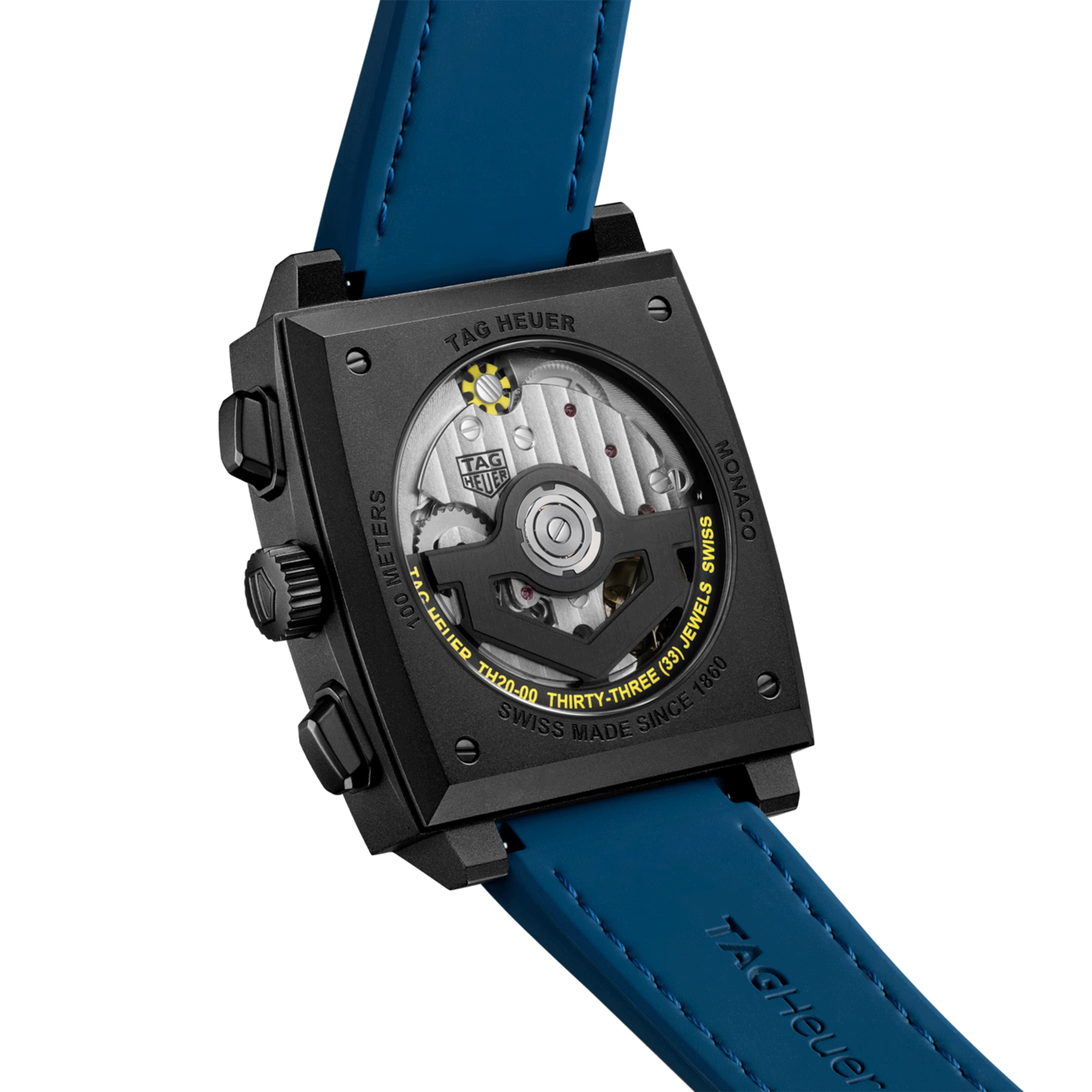 Montre TAG Heuer Monaco Skeleton Chronograph "The Dark Blue" automatique cadran squelette cuir et caoutchouc 39 mm