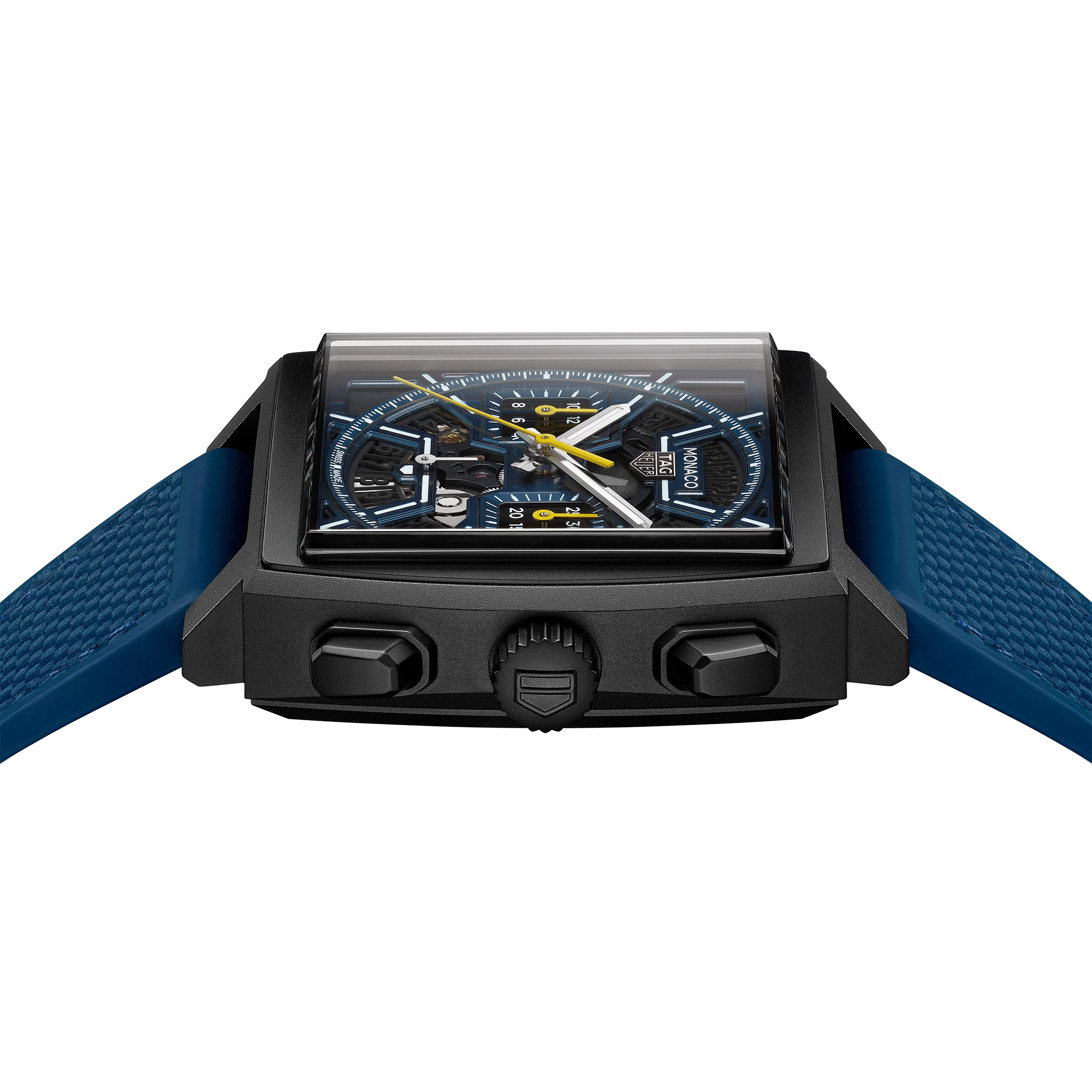 Montre TAG Heuer Monaco Skeleton Chronograph "The Dark Blue" automatique cadran squelette cuir et caoutchouc 39 mm