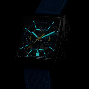 Montre TAG Heuer Monaco Skeleton Chronograph "The Dark Blue" automatique cadran squelette cuir et caoutchouc 39 mm