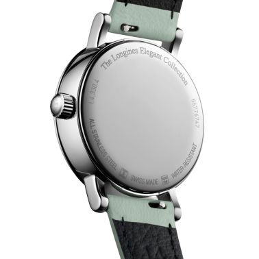 Montre Longines Elegant collection Phase de Lune quartz cadran blanc bracelet cuir vert 30 mm