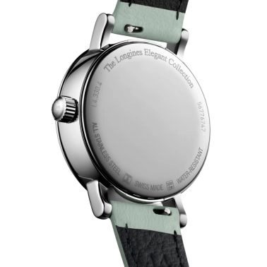 Montre Longines Elegant collection Phase de Lune quartz cadran blanc bracelet cuir vert 30 mm