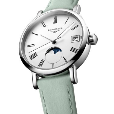 Montre Longines Elegant collection Phase de Lune quartz cadran blanc bracelet cuir vert 30 mm