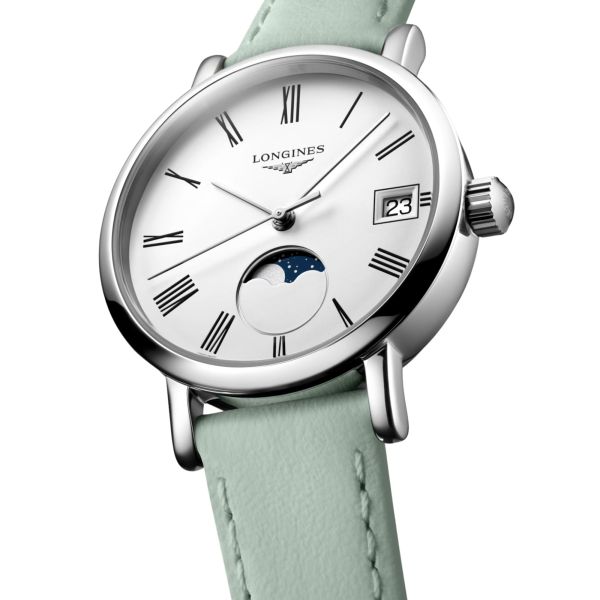 Montre Longines Elegant collection Phase de Lune quartz cadran blanc bracelet cuir vert 30 mm