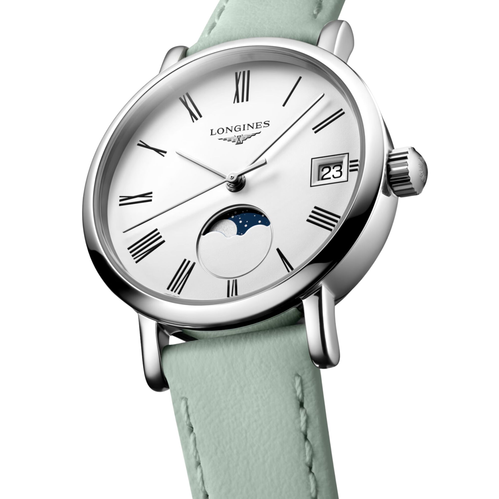 Montre Longines Elegant collection Phase de Lune quartz cadran blanc bracelet cuir vert 30 mm