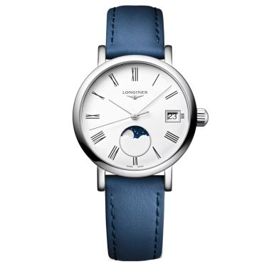 Montre Longines Elegant collection Phase de Lune quartz cadran blanc bracelet cuir bleu 30 mm L4.330.4.11.2