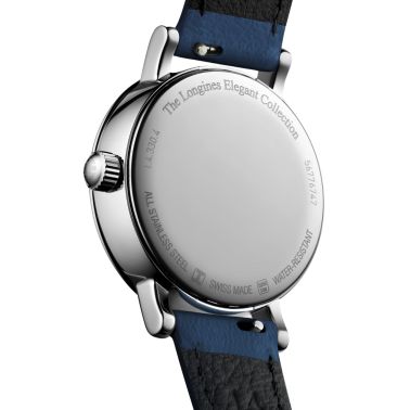 Montre Longines Elegant collection Phase de Lune quartz cadran blanc bracelet cuir bleu 30 mm L4.330.4.11.2