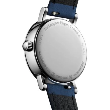 Montre Longines Elegant collection Phase de Lune quartz cadran blanc bracelet cuir bleu 30 mm L4.330.4.11.2