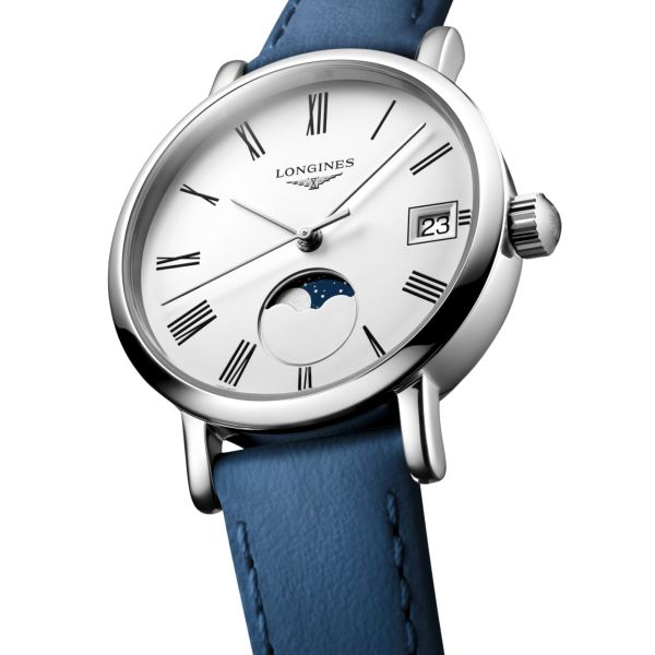 Montre Longines Elegant collection Phase de Lune quartz cadran blanc bracelet cuir bleu 30 mm L4.330.4.11.2
