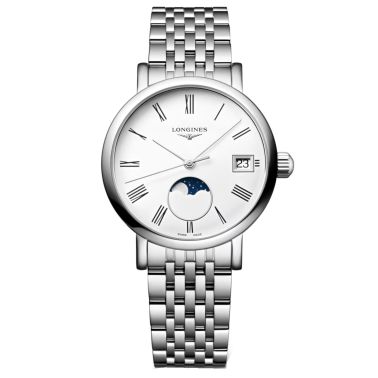 Montre Longines Elegant collection Phase de Lune quartz cadran blanc bracelet acier 30 mm