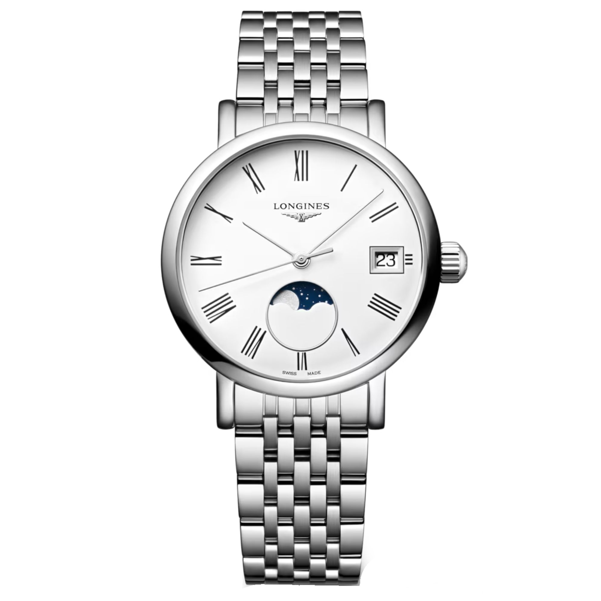 Montre Longines Elegant collection Phase de Lune quartz cadran blanc bracelet acier 30 mm