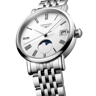 Montre Longines Elegant collection Phase de Lune quartz cadran blanc bracelet acier 30 mm