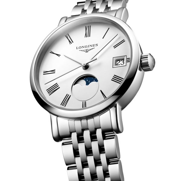 Montre Longines Elegant collection Phase de Lune quartz cadran blanc bracelet acier 30 mm