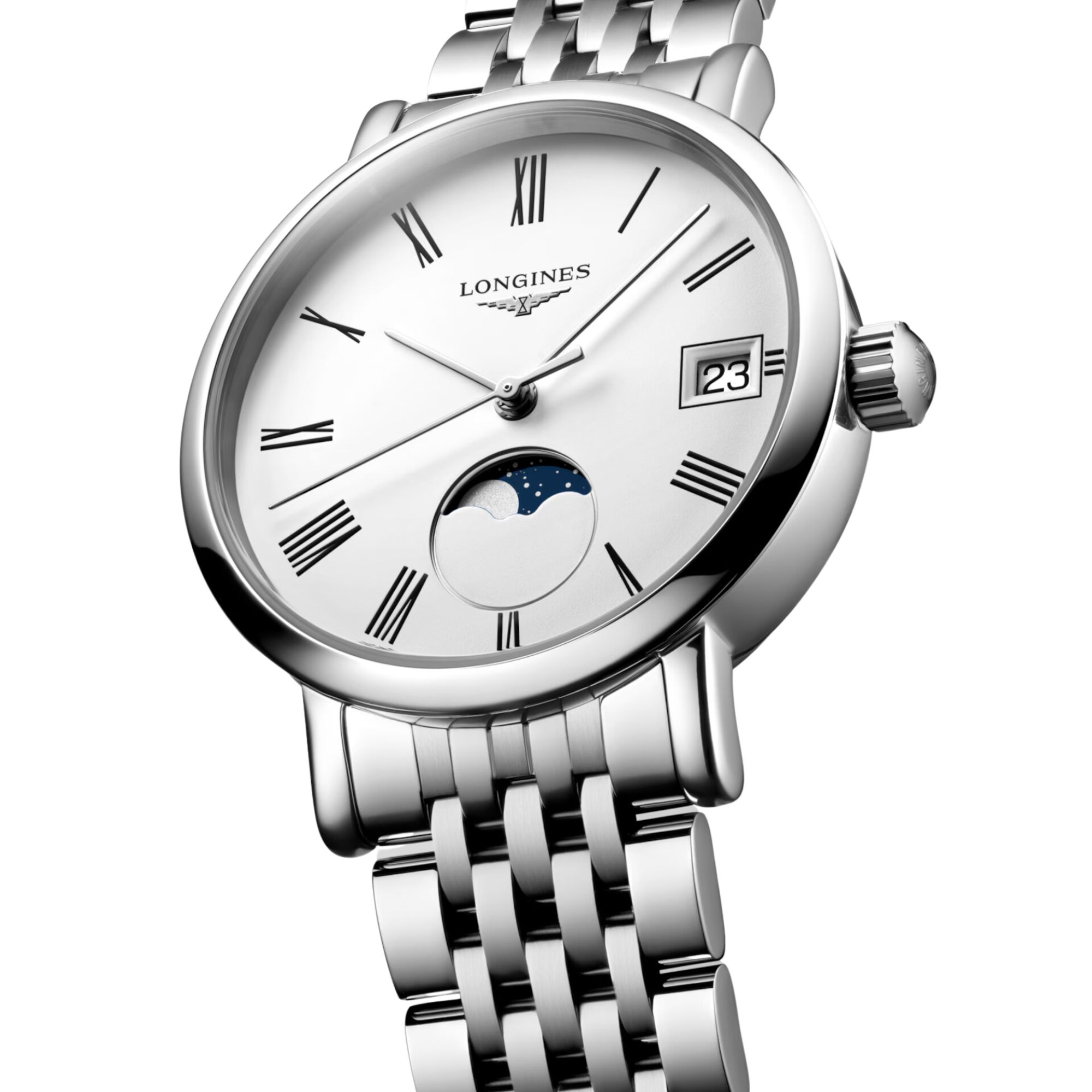 Montre Longines Elegant collection Phase de Lune quartz cadran blanc bracelet acier 30 mm