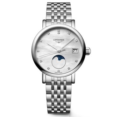 Montre Longines Elegant collection Phase de Lune quartz cadran blanc bracelet acier 30 mm L4.330.4.87.6