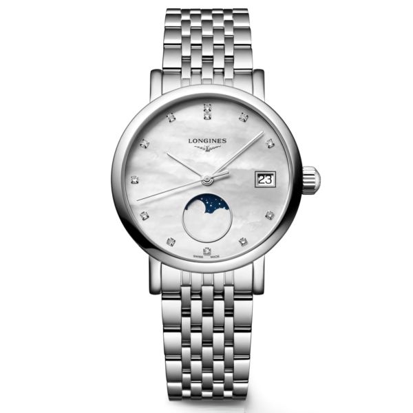 Longines Elegant collection Phase de Lune quartz watch white dial steel bracelet 30 mm