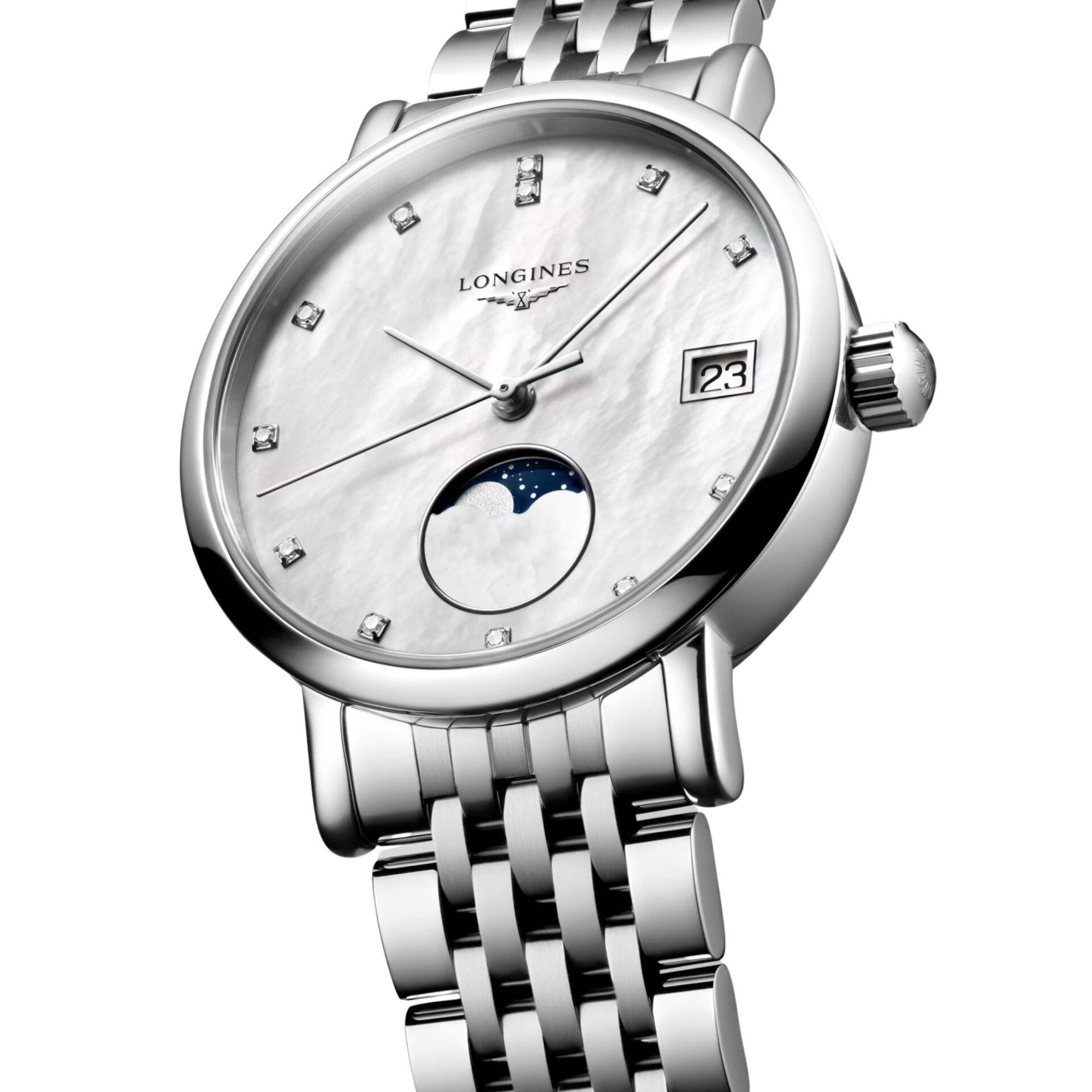 Montre Longines Elegant collection Phase de Lune quartz cadran blanc bracelet acier 30 mm L4.330.4.87.6
