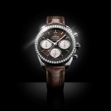 Montre Omega Speedmaster 38 Diamants Chronographe Co-Axial Chronometer automatique cadran brun bracelet cuir 38 mm