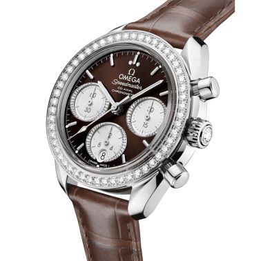 Montre Omega Speedmaster 38 Diamants Chronographe Co-Axial Chronometer automatique cadran brun bracelet cuir 38 mm