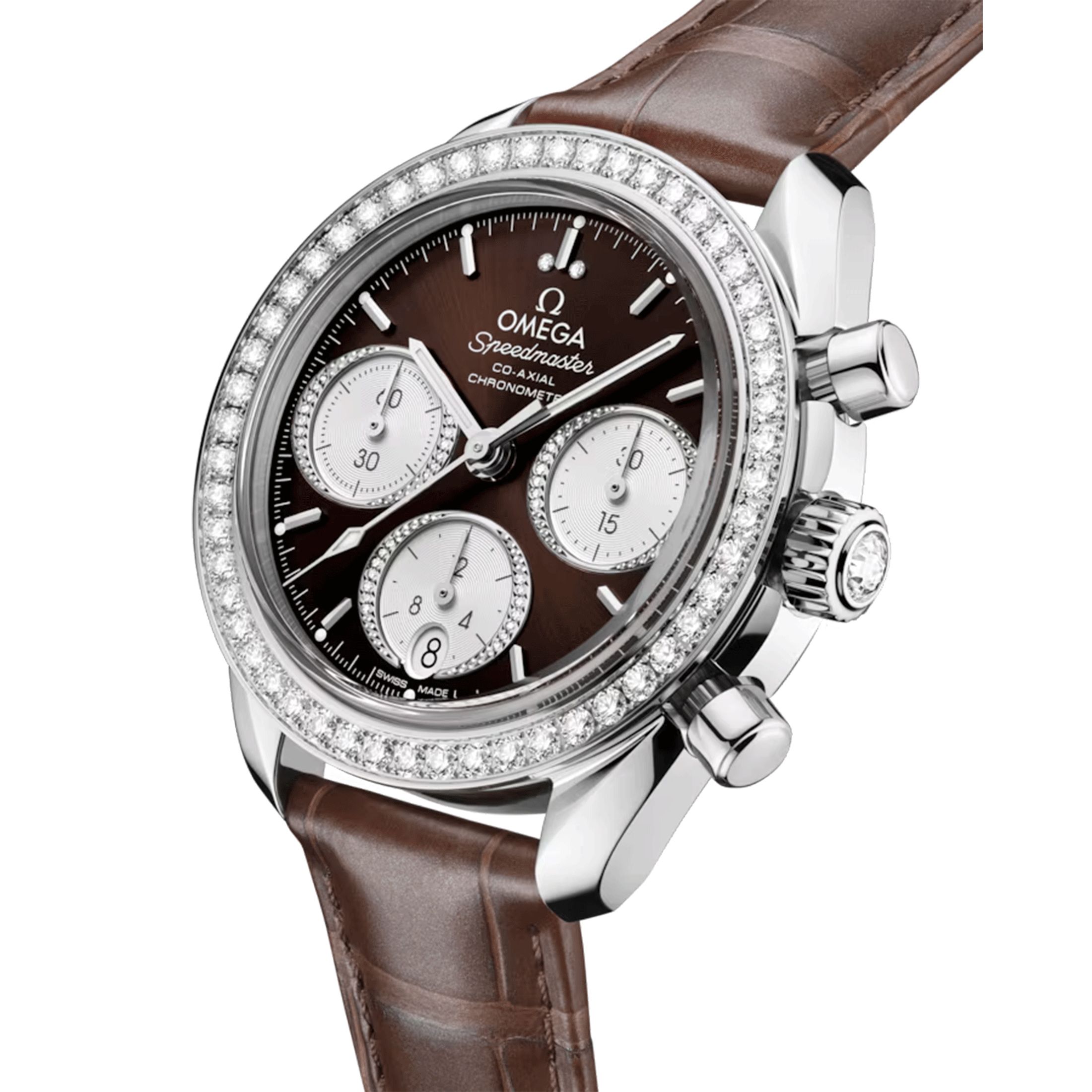 Montre Omega Speedmaster 38 Diamants Chronographe Co-Axial Chronometer automatique cadran brun bracelet cuir 38 mm