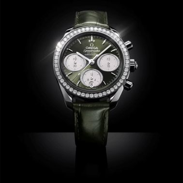 Montre Omega Speedmaster 38 Diamants Chronographe Co-Axial Chronometer automatique cadran vert bracelet cuir 38 mm