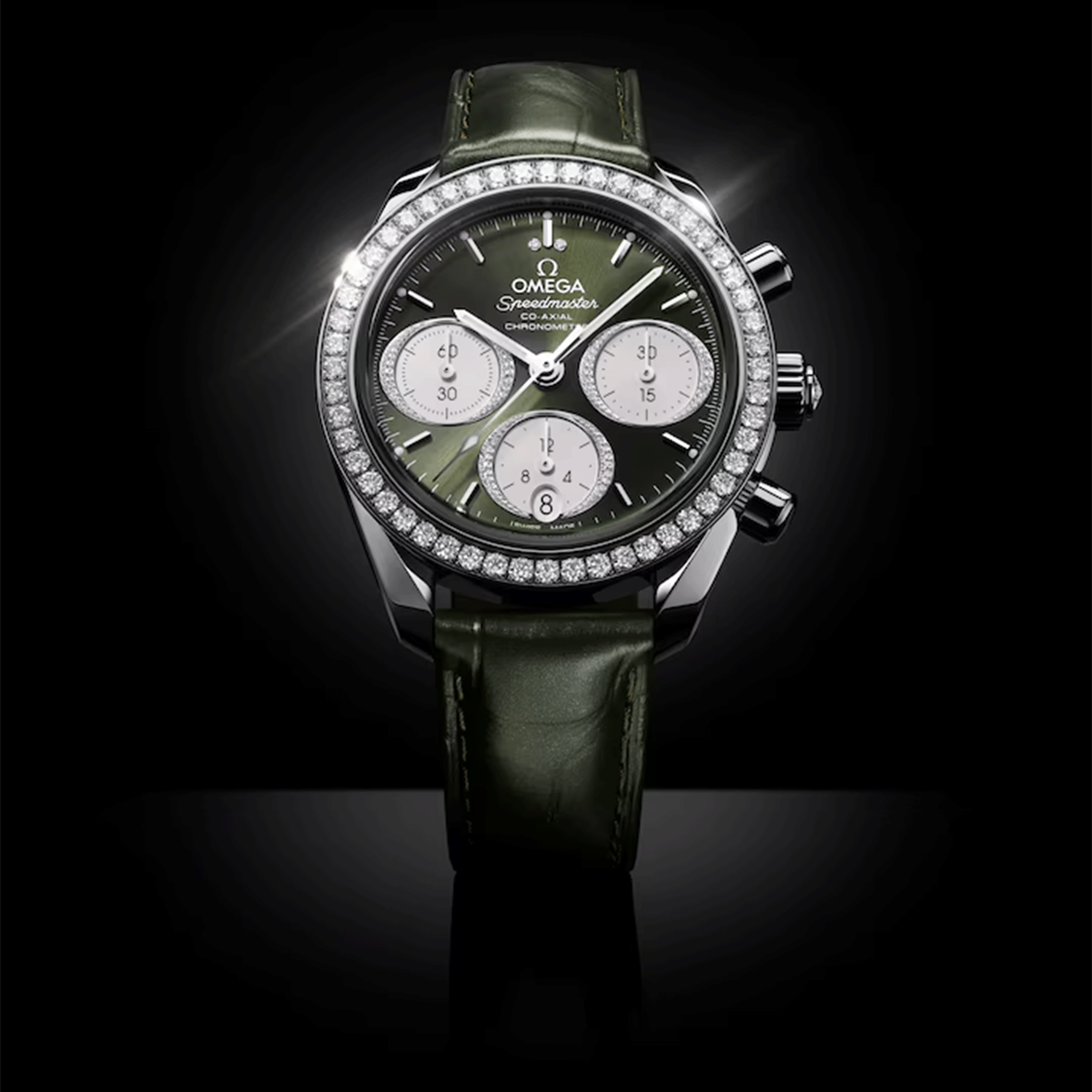Omega Speedmaster 38 Diamonds Chronograph Co-Axial Chronometer automatic green dial leather strap 38 mm