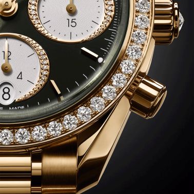 Montre Omega Speedmaster 38 Diamants Chronographe Co-Axial Chronometer automatique Or Moonshine cadran vert bracelet or jaune 38