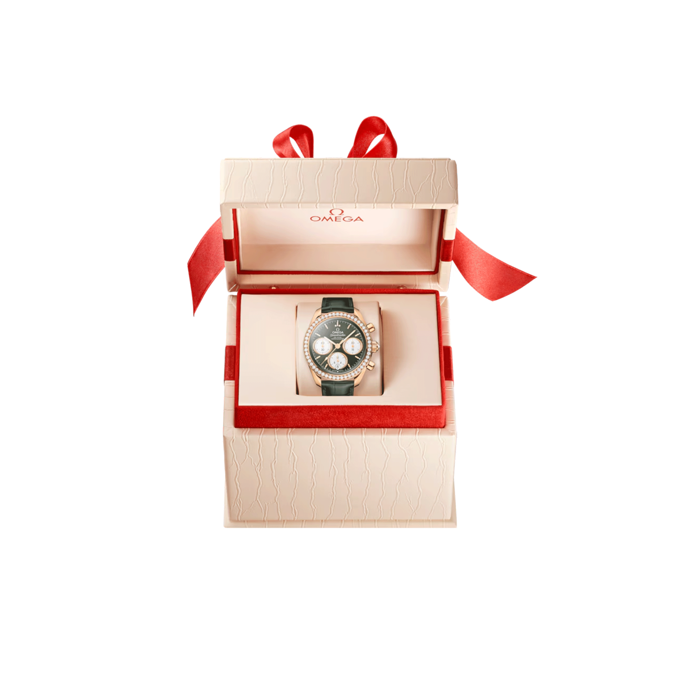 Omega Speedmaster 38 Diamonds Chronograph Co-Axial Chronometer automatic Moonshine Gold green dial leather strap 38 mm