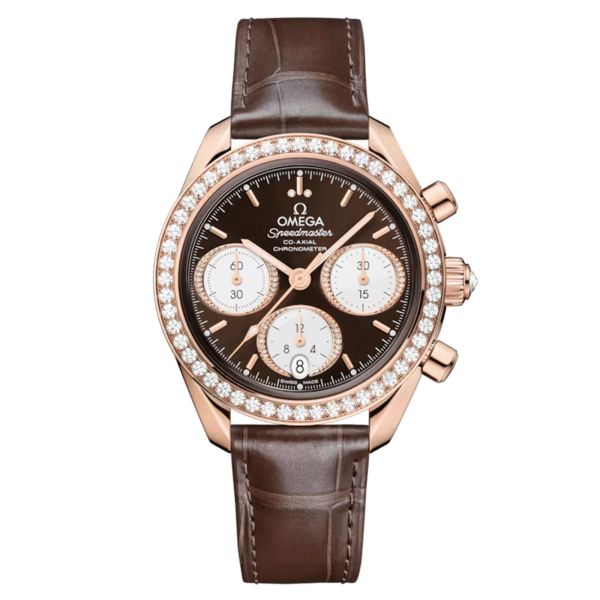 Omega Speedmaster 38 Diamonds Chronograph Co-Axial Chronometer automatic Sedna Gold brown dial leather strap 38 mm