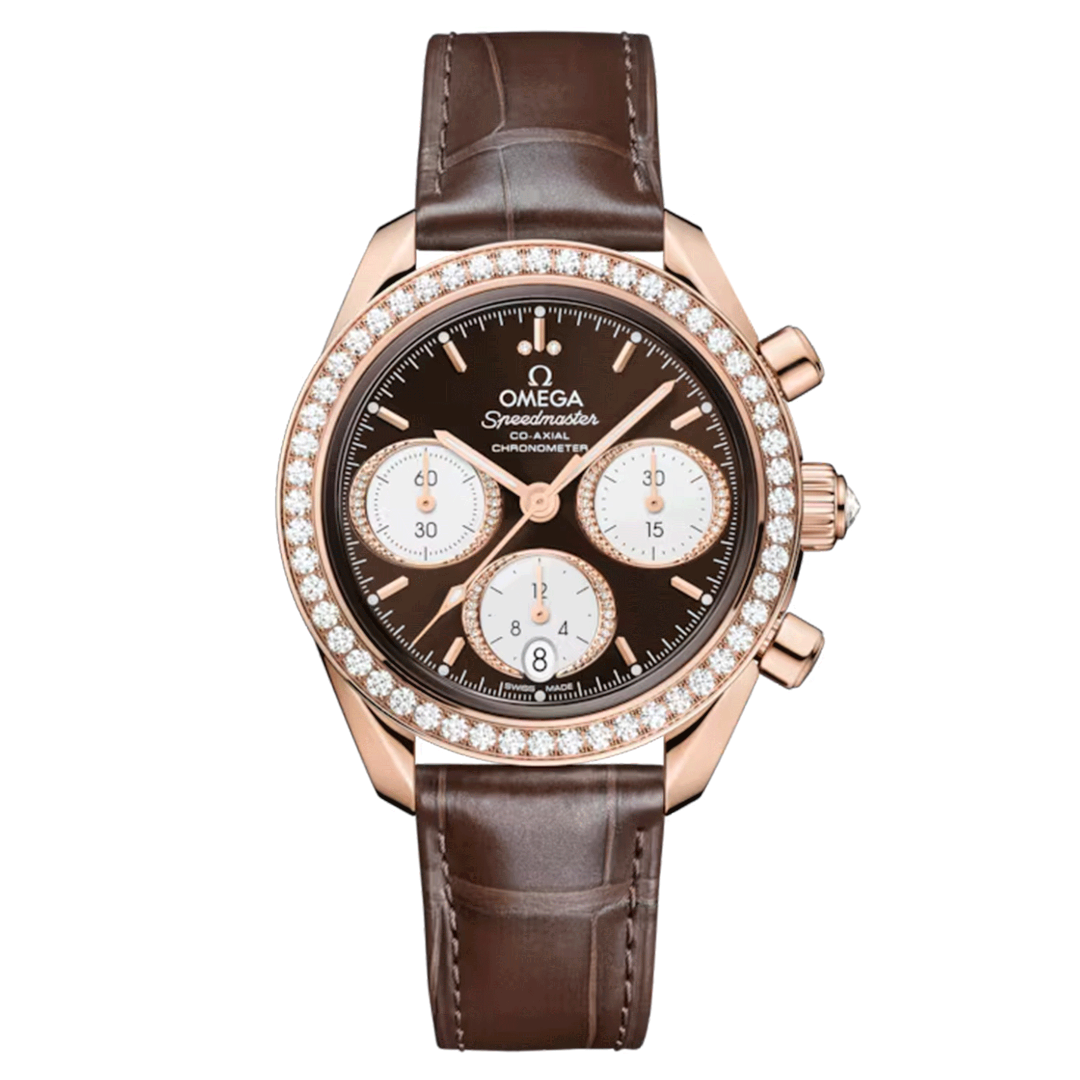 Omega Speedmaster 38 Diamonds Chronograph Co-Axial Chronometer automatic Sedna Gold brown dial leather strap 38 mm