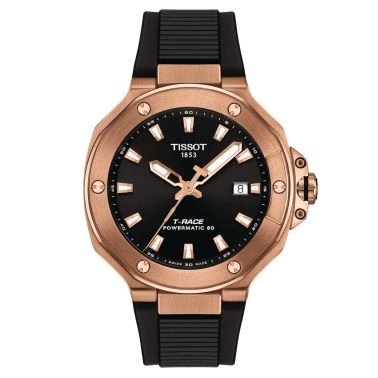 Montre Tissot T-Race PVD Or Rose Powermatic 80 cadran noir bracelet caoutchouc noir 41 mm T141.807.37.051.00