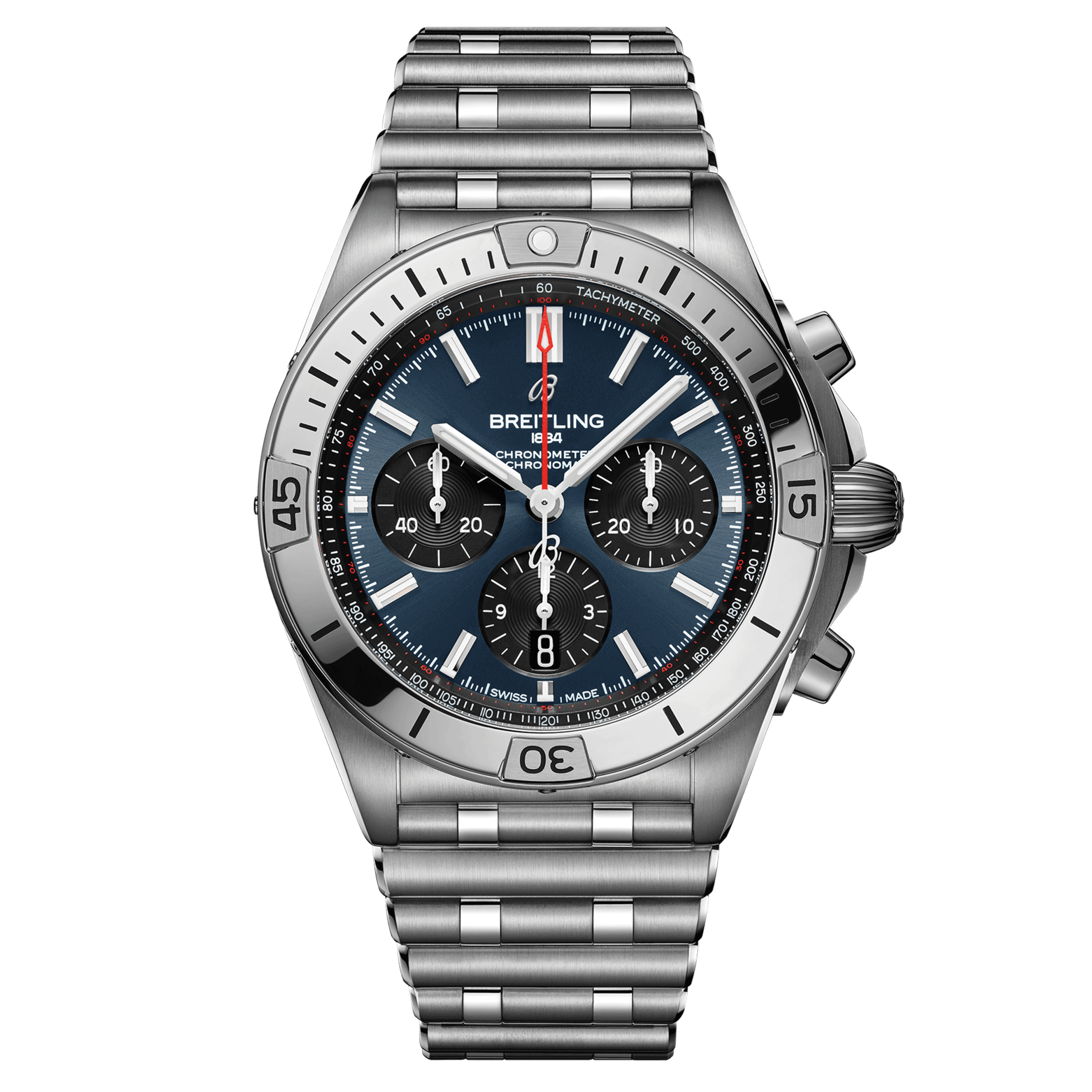 Montre Breitling Chronomat B01 Chronograph automatique cadran bleu bracelet acier 42 mm AB0134101C1A1