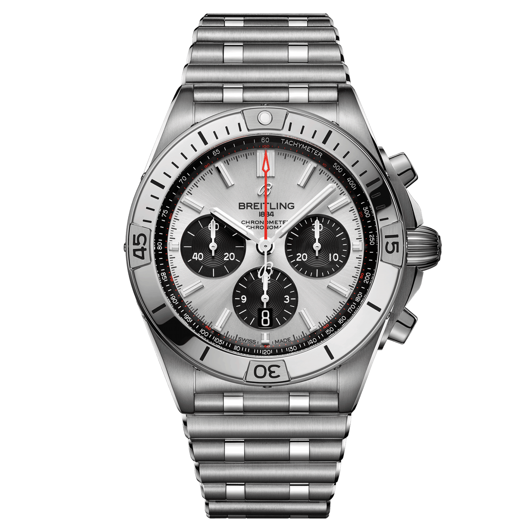 Montre Breitling Chronomat B01 Chronograph automatique cadran argent bracelet acier 42 mm AB0134101G1A1