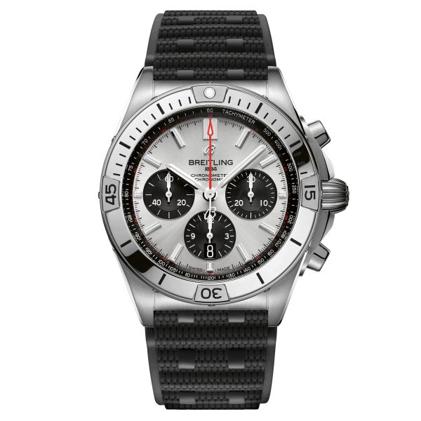 Montre Breitling Chronomat B01 Chronograph automatique cadran argent bracelet caoutchouc bleu 42 mm AB0134101G1S2
