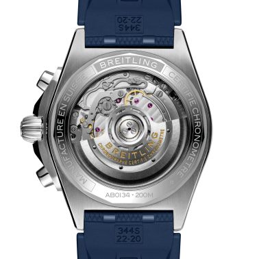 Montre Breitling Chronomat B01 Chronograph automatique cadran bleu bracelet caoutchouc bleu 42 mm AB0134101C1S1