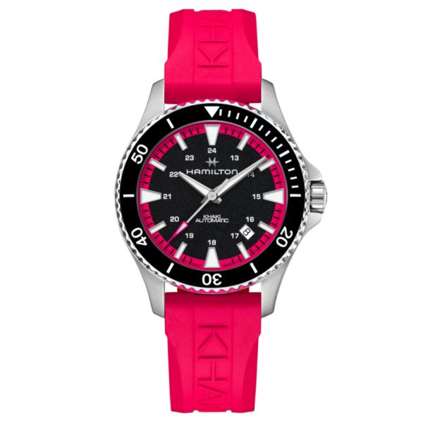 Montre Hamilton Khaki Navy Scuba automatique cadran noir bracelet caoutchouc rose 40 mm