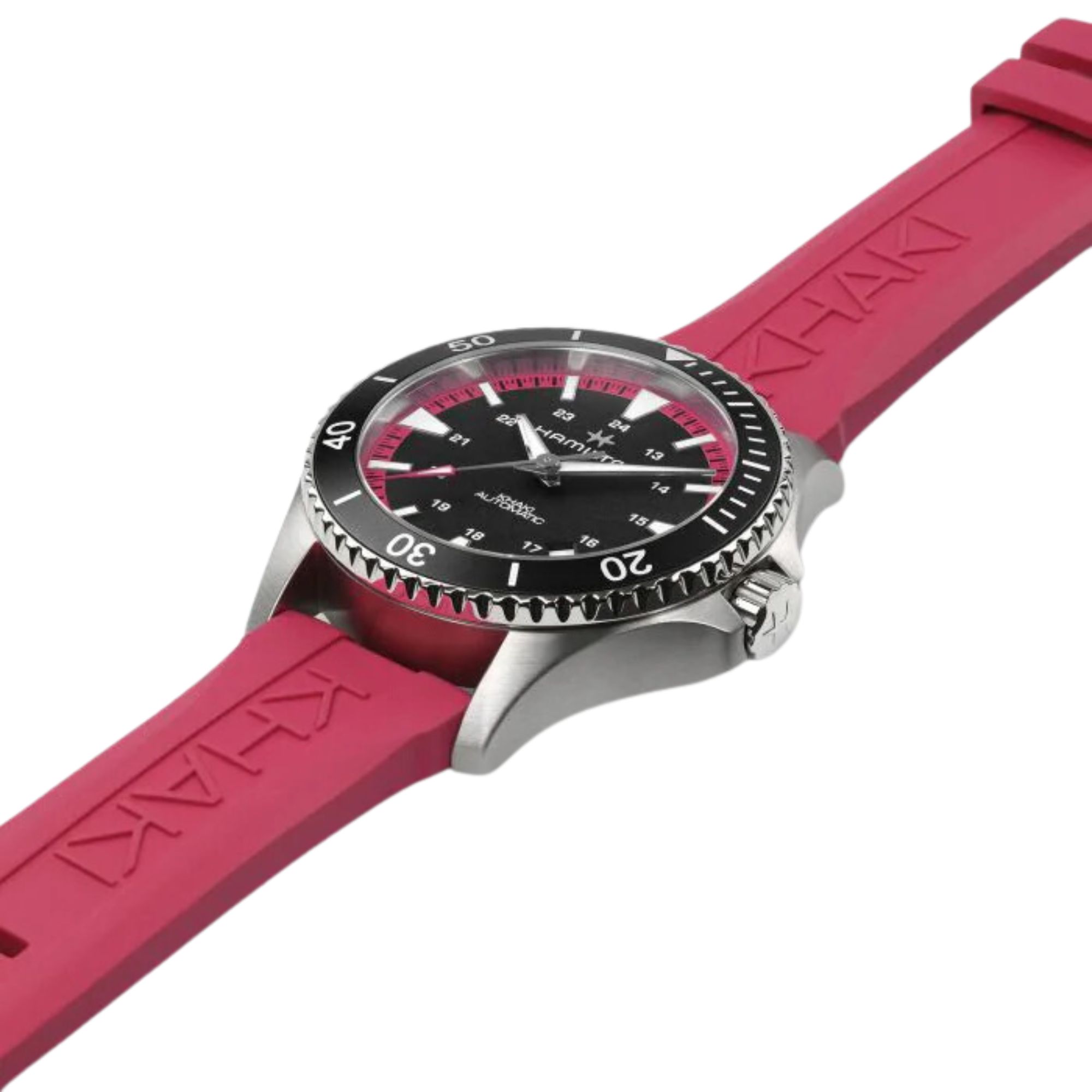 Hamilton Khaki Navy Scuba automatic watch black dial pink rubber strap 40 mm