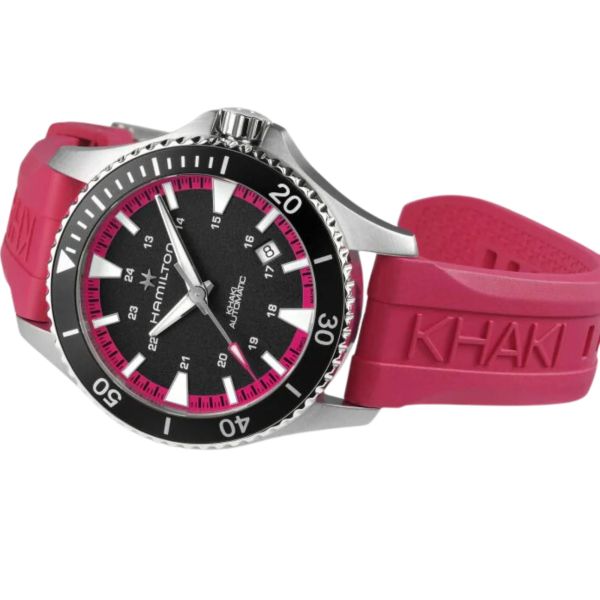 Hamilton Khaki Navy Scuba automatic watch black dial pink rubber strap 40 mm